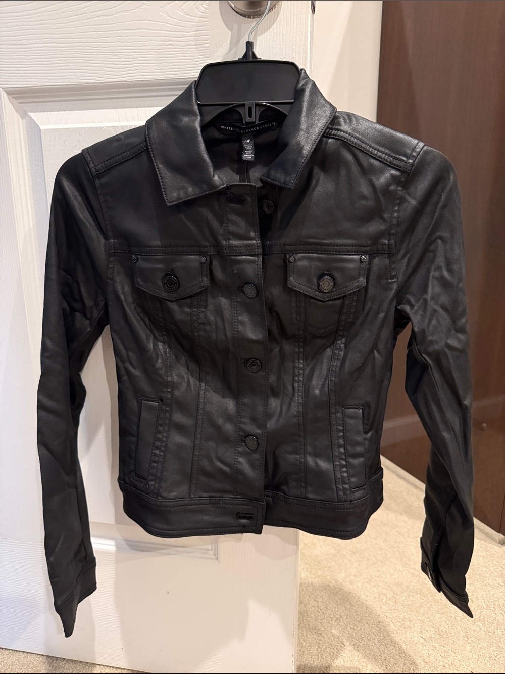 White House Black Market Black Faux Leather Button-Front Jacket